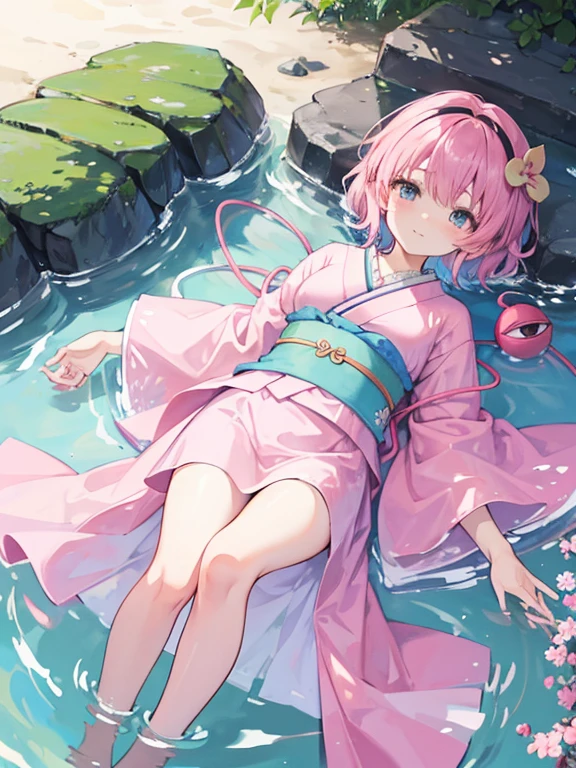 best quality、Komeiji Satori(pink hair)、cute、kimono、fantasy、lying down in shallow water