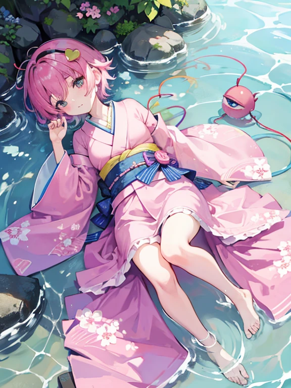 best quality、Komeiji Satori(pink hair)、cute、kimono、fantasy、lying down in shallow water