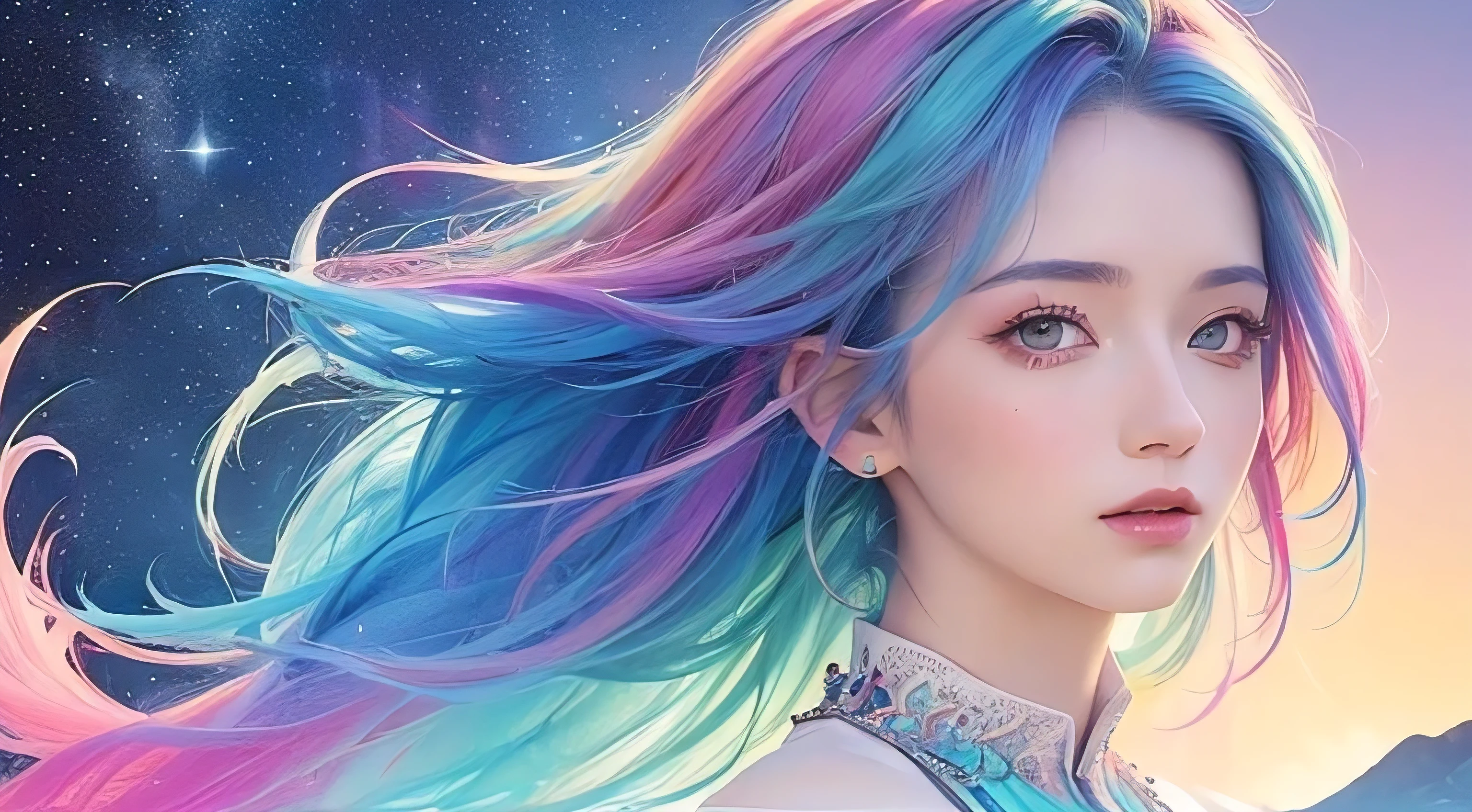 (masterpiece, top quality, best quality,watercolor (mitigate),official art, Beautiful and beautiful:1.2),(1 girl:1.3), (fractal art:1.3),Upper body, from the side, looking at the audience,pattern,(rainbow colored hair,colorful hair,half blue half pink hair:1.2),water,liquid, cloud,colorful, starry,Star,
