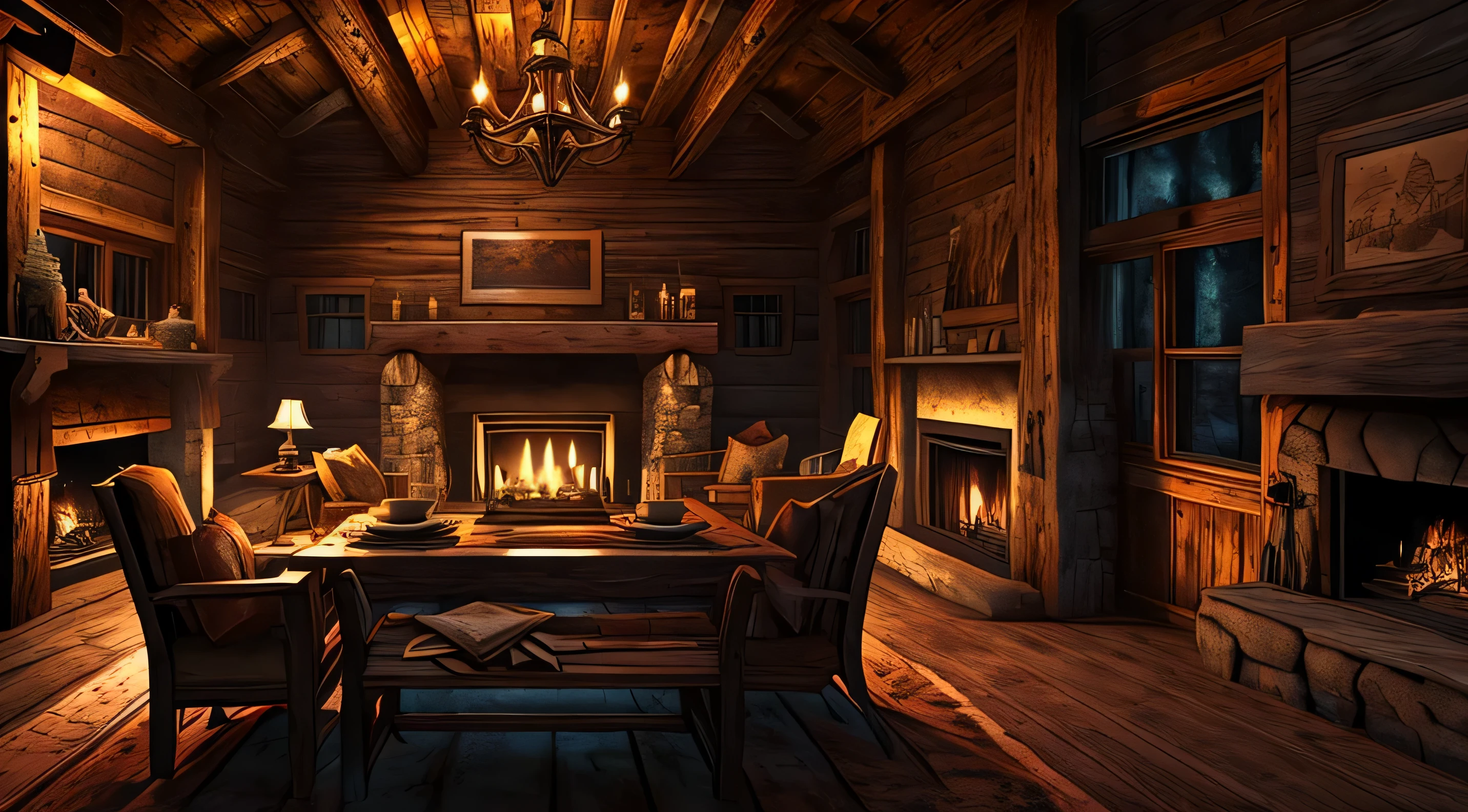 Generate an image of a rustic cabin interior on a bone-chilling dark winter night. Show a crackling fireplace, casting warm light on antique furniture. The atmosphere should evoke a mix of coziness and suspense.