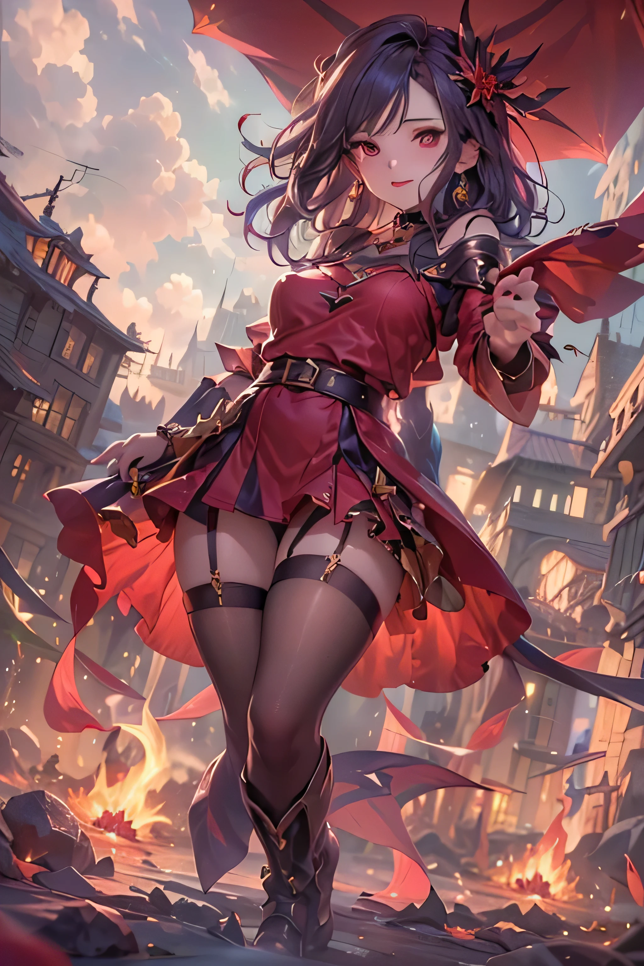 (top-quality,8K picture quality,​masterpiece:1.3,hight resolution,masutepiece:1.2),23-year-old woman,fire mage,Looking at the camera,(View from below:1.4), (Small :1.2), (pubick hair:1.2),(full body Esbian:1.5), (Full body shot:1.5),(standard body:1.2), (Red Santa Outfit,a miniskirt,stockings,a choker,boots:1.2), Bondage Fashion,sexy panty,(shoulder-length hair:1.1), (ssmile:1.4), ((crazy magic)), (Very beautiful fantasy background),portraitures, Vivid colors, Intense lighting, brushstrokes, Ethereal Atmosphere, charmed, Mesmerizing views, fascinated expression, Mystical, Intricate details, (Bold pose with open legs,dynamicposes:1.4), can be seen through clothes,I can see my panties, captivating moment, Flickering flame, crystalline , burning rope, a mythical creature, surreal landscape, Otherworldly, magic elements, ethereal glow, Transcendent, Harmonic color palette,Erotic art. Art Book. Art Book. Fantasy Art, (ruined kingdom background),Christmas Decorations,((Armageddon, Apocalypse)),Red rope,BDSM Play,BDSM,shibari,Slender abs:1.2,(Young gravure idols, Young skinny gravure idol, sophisticated gravure idol),(detailed flawless face),Normal hands,Normal finger,Normal legs