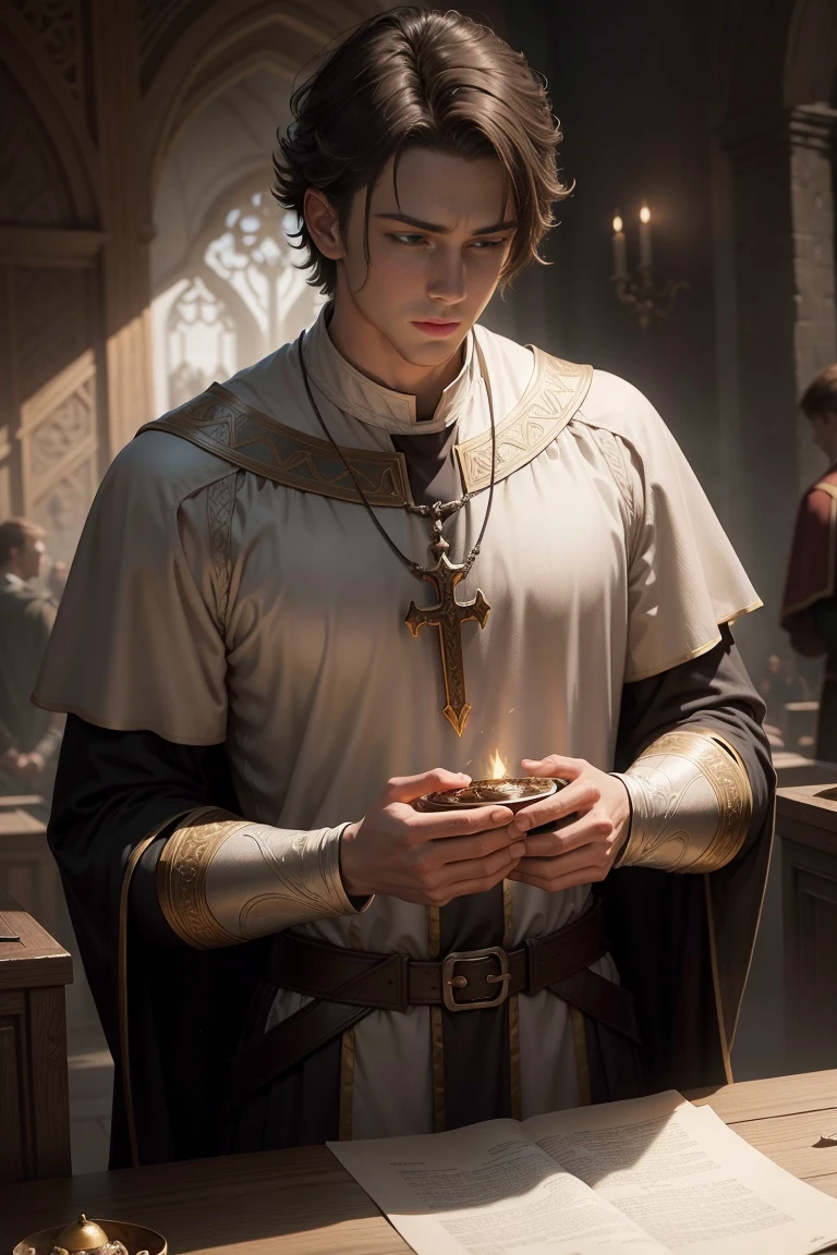 Movie angle details ((priest)),  DND style，dungeons and dragons，Handsome ,  Young men，Holy，Clean face，(Oil painting:1.1),, Stunning,   (muted natural colors:1.3) j