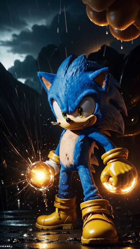 Sonic the hedgehog the hedgehog serious with closed fists and positioned in the center and leather jacket and golden boots and yellow gloves on closed fists and red smoke coming out of the body of Sonic the hedgehog the hedgehog and looking at the viewer and very bright and detailed golden mushrooms and drops of water in the background and cloudy sky and raining drops of water fine and detailed ultra 4K 