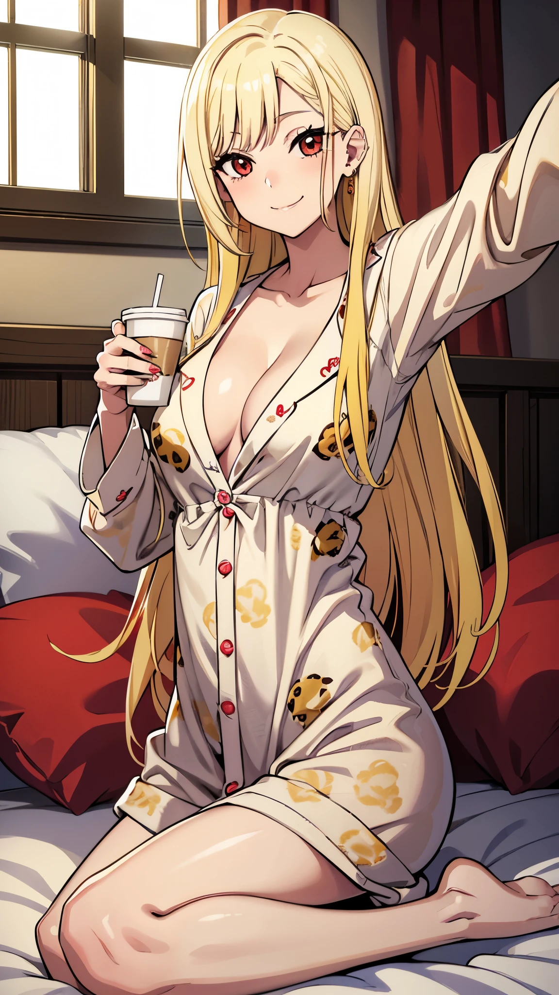 masterpiece, detailed, MarinKitagawa, kitagawa marin, 1girl, blonde hair, long hair, multicolored hair, red eyes, jewelry, earrings, piercing, sitting on a bed, no clothes on, wearing leopard skin pajamas, drinking coffee, sleepy face, stretches, smiling, warm sunlight from windows