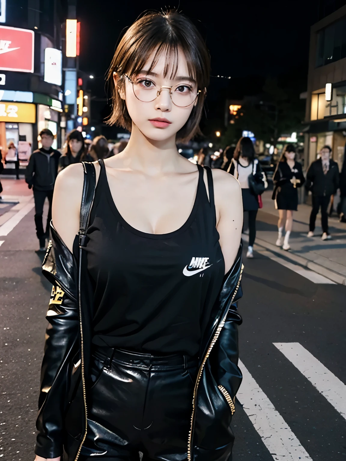 Bewitching eyes, well-balanced eyes, //street snap //wearing nike fashionable black and gold clothes, wear glasses, //breast focus, ((facing viewer)), //at the street in tokyo, //japanese lady, pale skin, short hair, pink inner color //((standing)), high quality:1.3, Professional lighting:2.0 realistic:1.2, 4k resolution, detailed skin, masterpiece:1.1