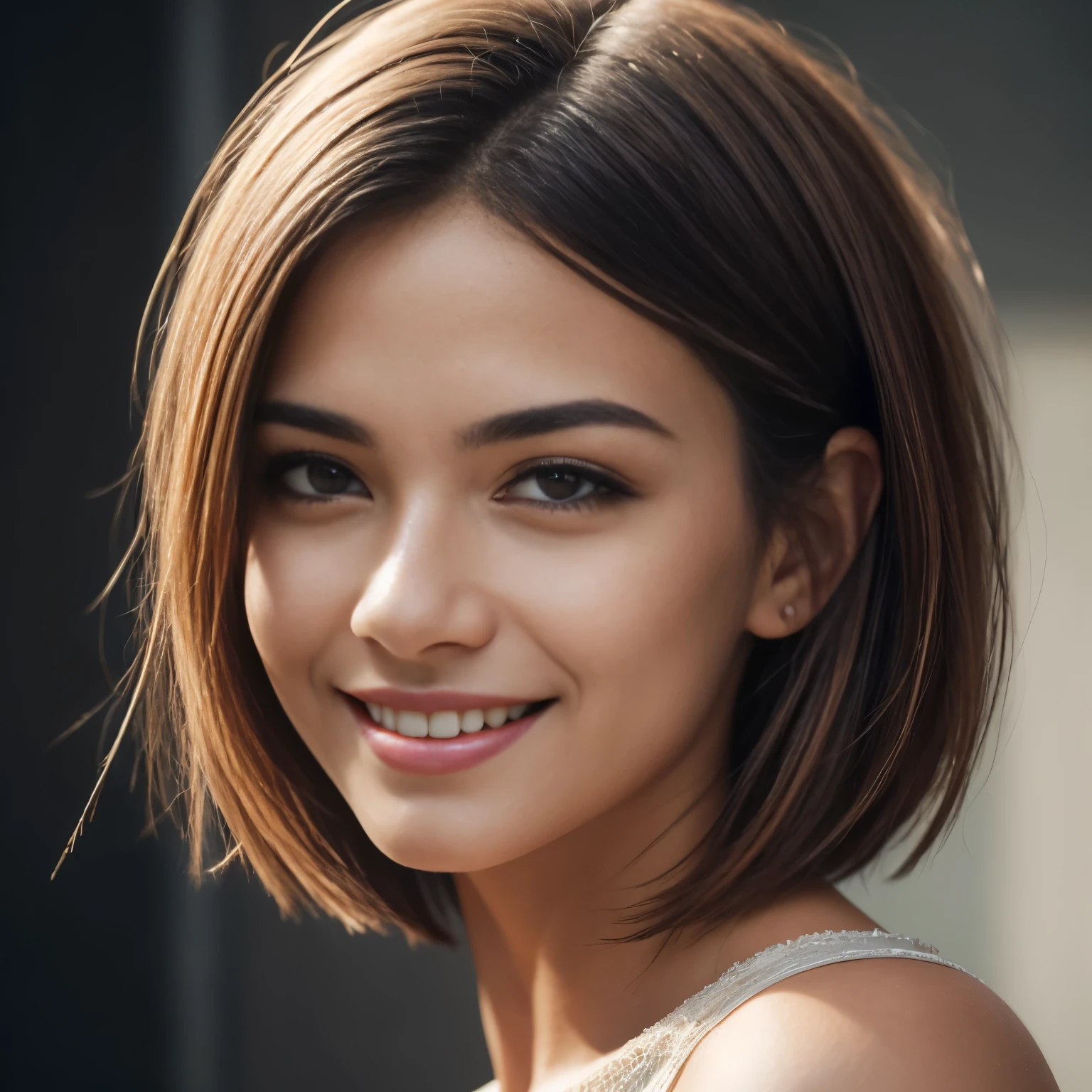 Isabela Merced, portrait photo, close-up of face, bob_cut hair, smiling seductively, (skin texture:1.1), (high detail face:1.1),high detail body, high detail clothes, (masterpiece), (realistic), ultra high definition, 4k, ultra high resolution, film grain, cinematic lighting, rim lighting, photo by Mark Mann, RAW image
