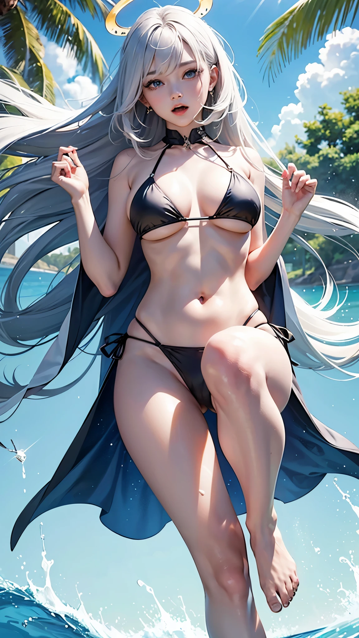 best quality,belly button,bikini,Expose your hands on your chest,halo,whole body,big blue eyes,,8k,,white silk,On the beach,even,open mouth,open your legs,charming鼻子,charming,The mouth is relatively large,The legs are relatively long,big breasts,The eyes are relatively large,long hair,The eyeballs are relatively large,sparkle in eyes,Naked foot,The nose is relatively large,white hair,no shoes,beautiful,bikini,in the woods,long legs,charming脸,,Fixed running position,A touches his chest,把时间停止定住了charming少女