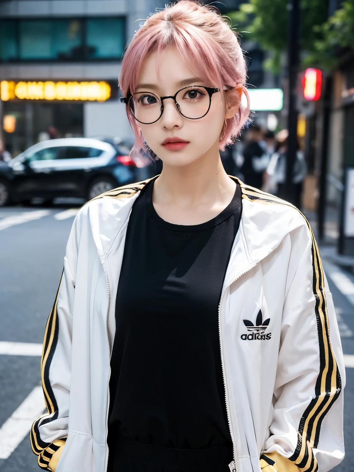 Bewitching eyes, well-balanced eyes, //street snap //wearing fashionable black and gold clothes, wear glasses, tops is adidas track jacket, //breast focus, ((facing viewer)), //at the street in tokyo, //japanese lady, pale skin, short hair, pink hair //((standing)), high quality:1.3, Professional lighting:2.0 realistic:1.2, 4k resolution, detailed skin, masterpiece:1.1
