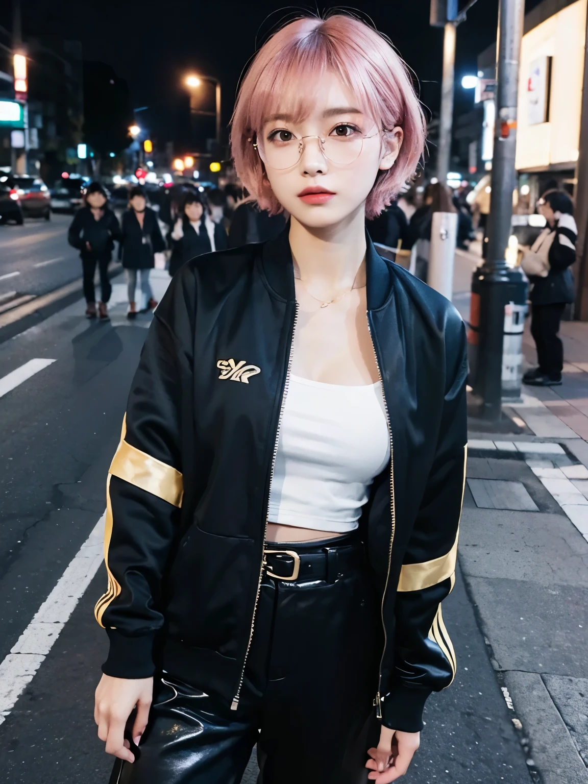 Bewitching eyes, well-balanced eyes, //street snap //wearing fashionable black and gold clothes, wear glasses, tops is track jacket, //breast focus, ((facing viewer)), //at the street in tokyo, //japanese lady, pale skin, short hair, pink hair //((standing)), high quality:1.3, Professional lighting:2.0 realistic:1.2, 4k resolution, detailed skin, masterpiece:1.1