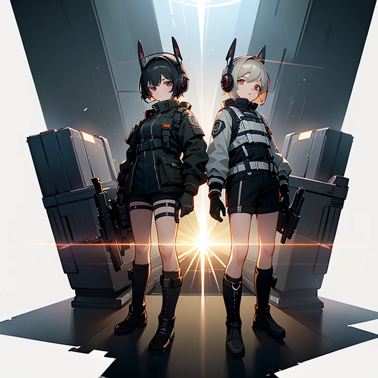 ((high quality)), ((masterpiece)), 8k, 2girls, bulletproof vest, light rays, extremely detailed CG unity 8k wallpaper, game cg, looking at viewer, gloves, boots, full body, watch, computer, mask, drone, holding weapon, headphones, jacket,