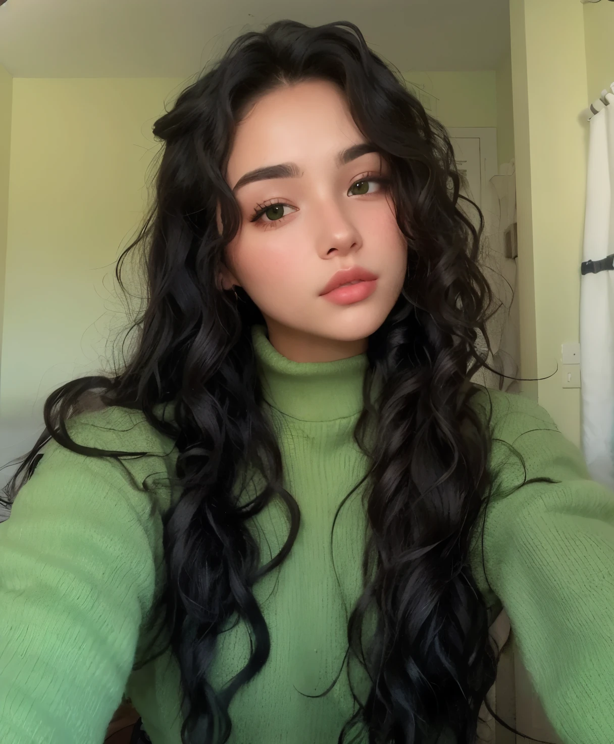 arafed woman with long black hair and green sweater taking a selfie, no makeup wavy hair, long curly green hair, with long curly hair, long messy curly hair, portrait sophie mudd, 18 years old, selfie of a young woman, without makeup, curly middle part haircut, messy curly hair, infp young woman, green wavy hair