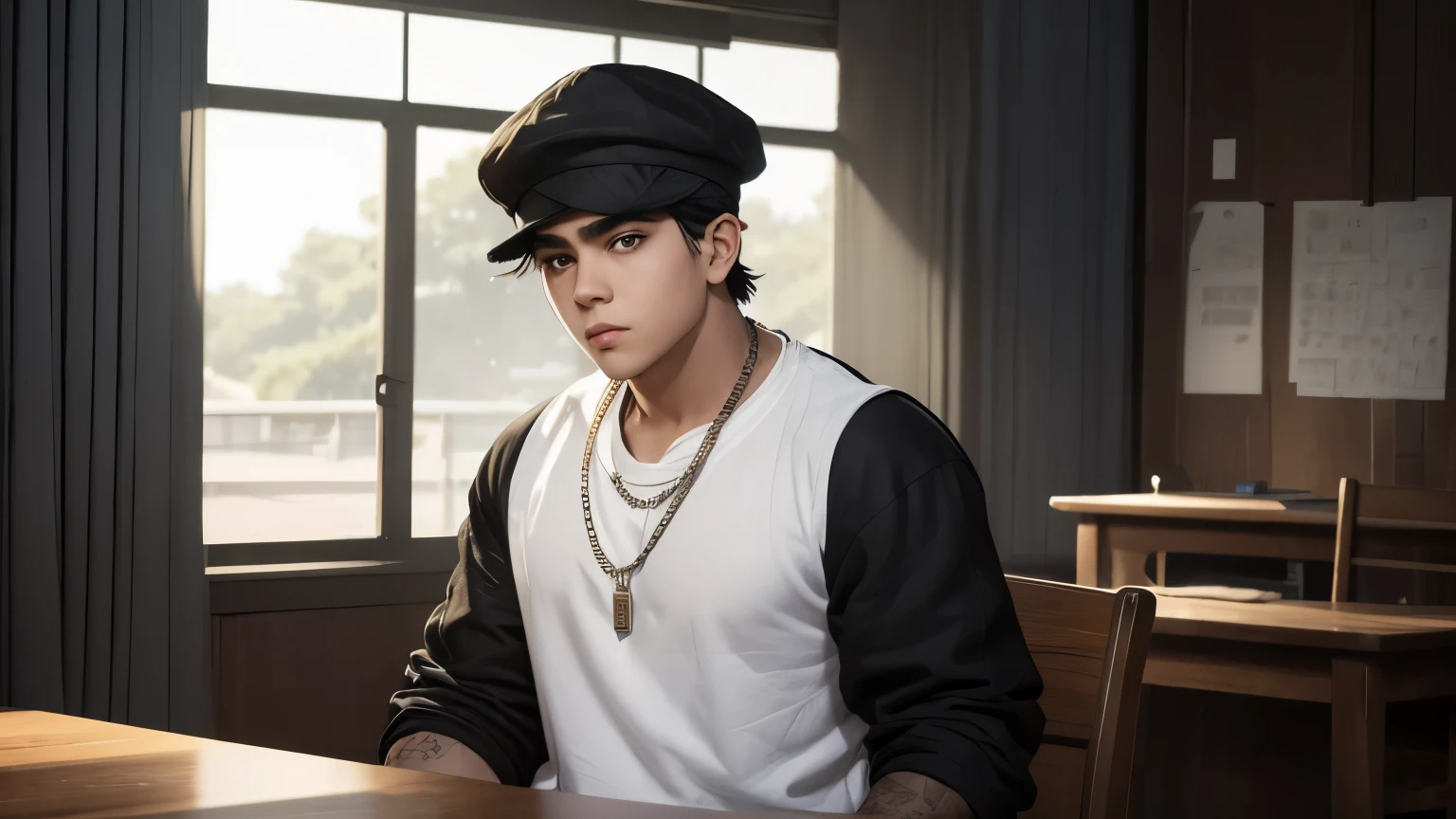 a boy standing full body white undershirt baggy jeans his neck chain with black linen, A black cap. thick eyebrows, sybil riz face shape relatively fit body but not too big, animation, face to face He looks at the audience behind desk (a boy) He is sitting at the table and looking at the camera