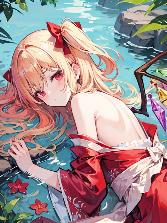 best quality、Flandre Scarlet(blonde)、cute、kimono、fantasy、lying down in shallow water
