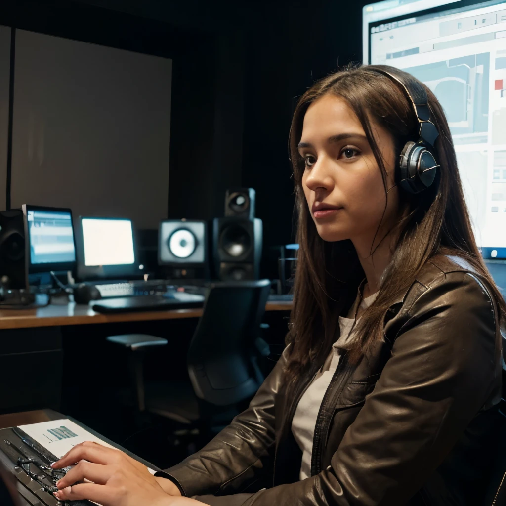 Find a high-resolution image of a person in a professional setting, preferably in a broadcasting or journalistic environment. The image should feature a person seated at a desk or using a microphone, suitable for inclusion in a radio studio scene. Ensure the individual's attire and setting align with the tone and professionalism of the 'Papo Reto Notícias em Foco' program's visual identity. This image will be used to complement a studio backdrop previously created to promote the program on social media.