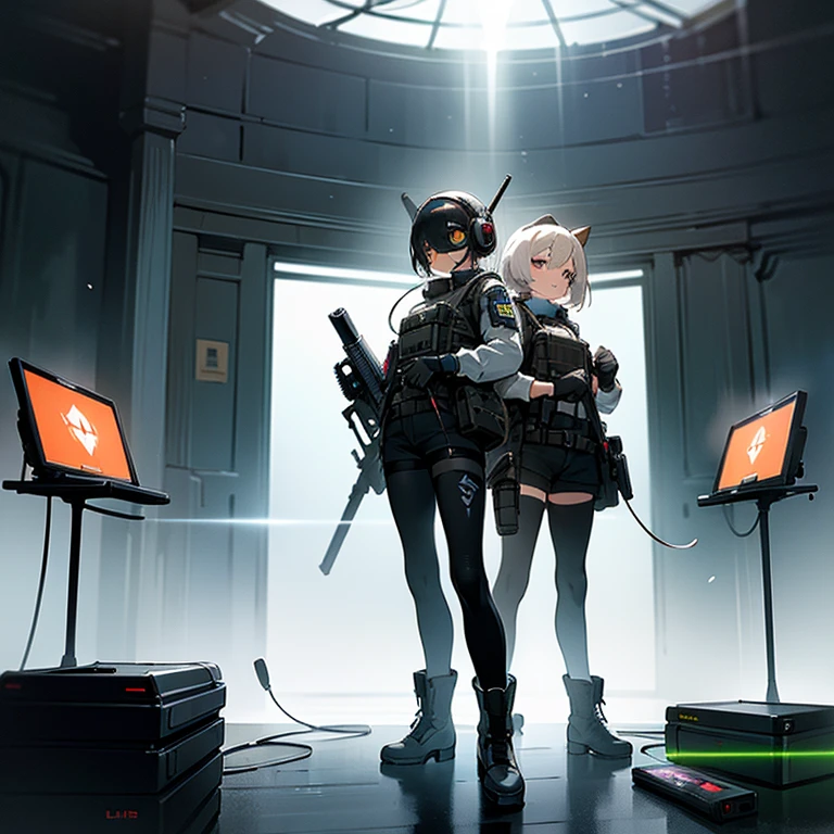 ((high quality)), ((masterpiece)), 8k, 2girls, bulletproof vest, light rays, extremely detailed CG unity 8k wallpaper, game cg, looking at viewer, gloves, boots, full body, watch, computer, mask, drone, holding weapon, headphones, jacket,