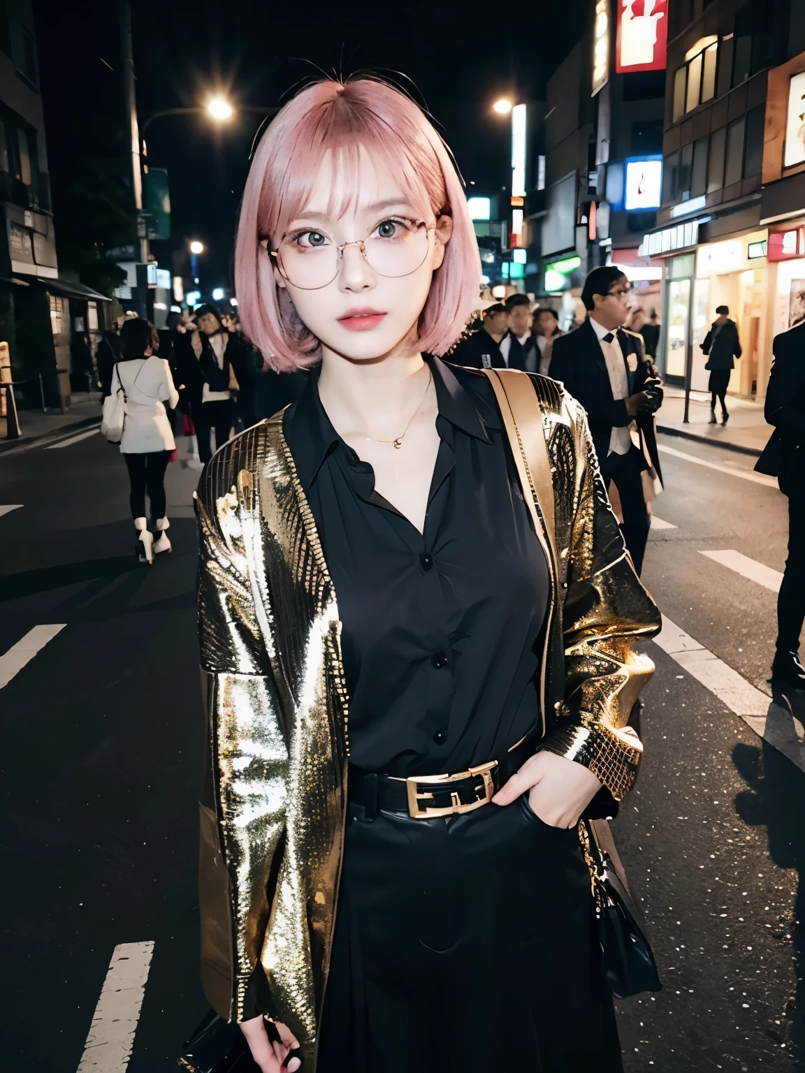 Bewitching eyes, well-balanced eyes, //street snap //wearing fashionable black and gold clothes, wear glasses//breast focus, ((facing viewer)), //at the street in tokyo, //japanese lady, pale skin, short hair, pink hair //((standing)), high quality:1.3, Professional lighting:2.0 realistic:1.2, 4k resolution, detailed skin, masterpiece:1.1