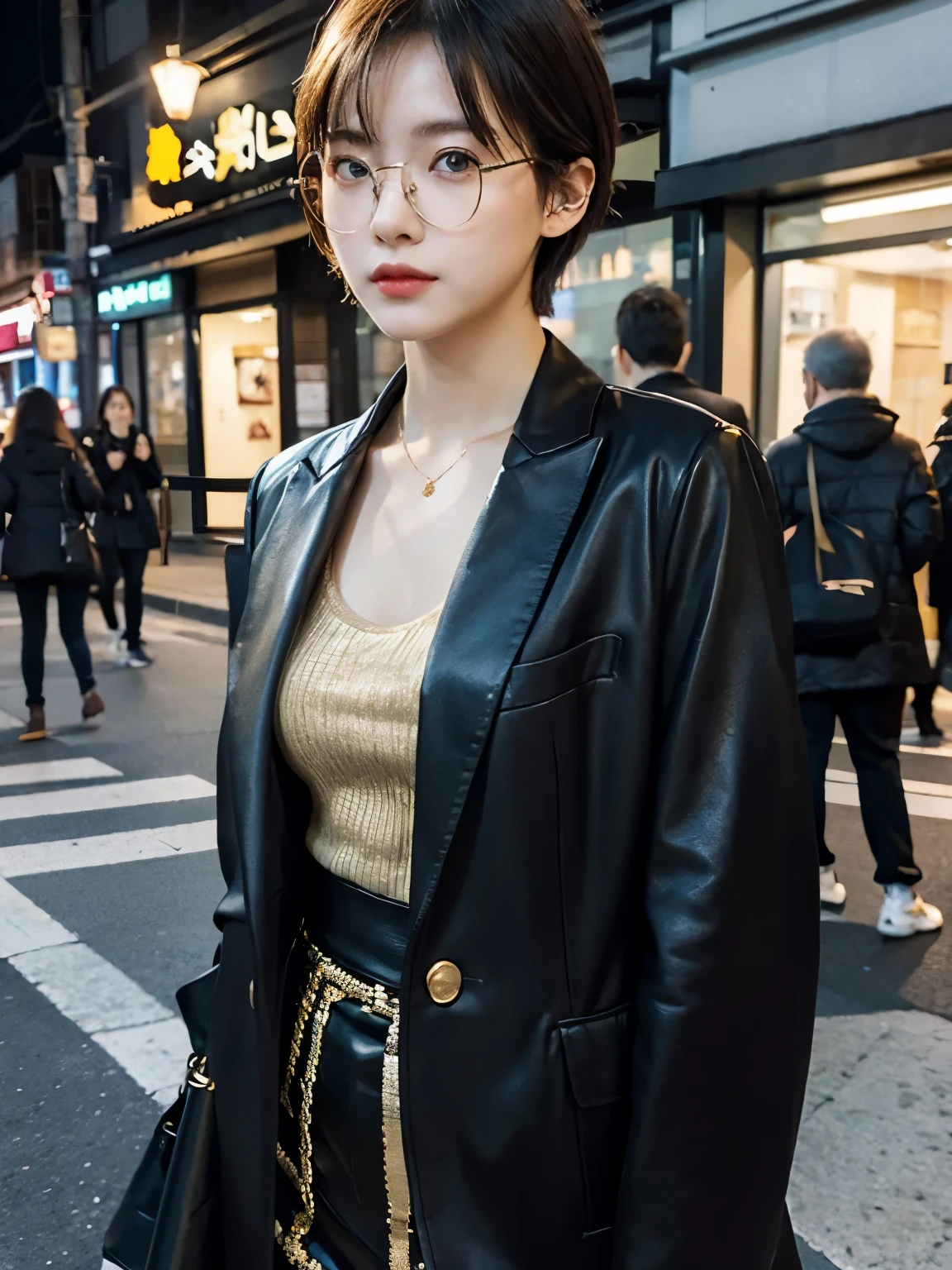 Bewitching eyes, well-balanced eyes, //street snap //wearing fashionable black and gold clothes, wear glasses//breast focus, ((facing viewer)), //at the street, //japanese lady, pale skin, short gold hair, //((standing)), high quality:1.3, Professional lighting:2.0 realistic:1.2, 4k resolution, detailed skin, masterpiece:1.1
