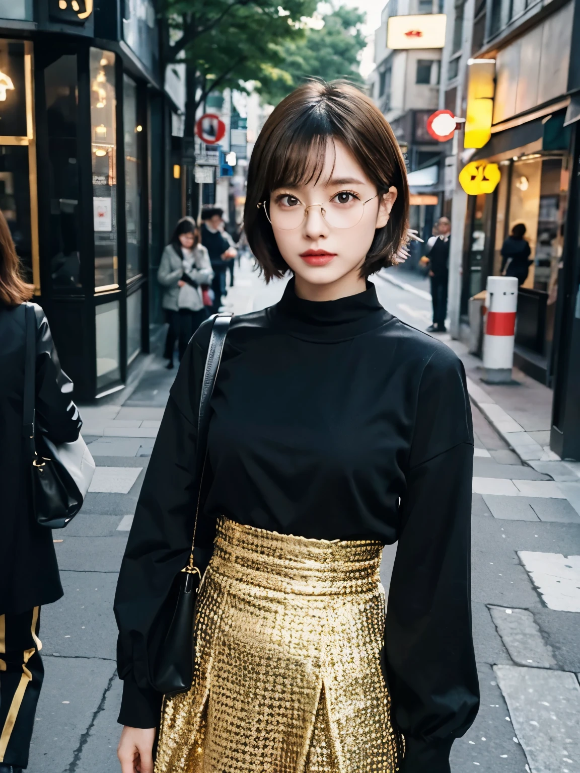 Bewitching eyes, well-balanced eyes, //street snap //wearing fashionable black and gold clothes, wear glasses//breast focus, ((facing viewer)), //at the street, //japanese lady, pale skin, short gold hair, //((standing)), high quality:1.3, Professional lighting:2.0 realistic:1.2, 4k resolution, detailed skin, masterpiece:1.1