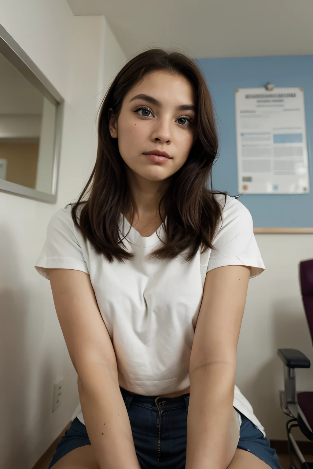 ((melhor qualidade)), ((obra de arte)), (detalhado), rosto perfeito mulher loira claro de ((olhos azul)) de jaleco de medica, sitting in a doctor&#39;s office with all her clothes on, sem nada a amostra
