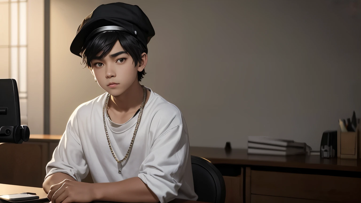 a boy standing full body white undershirt baggy jeans his neck chain with black linen, A black cap. thick eyebrows, sybil riz face shape relatively fit body but not too big, animation, face to face He looks at the audience behind desk (a boy) He is sitting at the table and looking at the camera