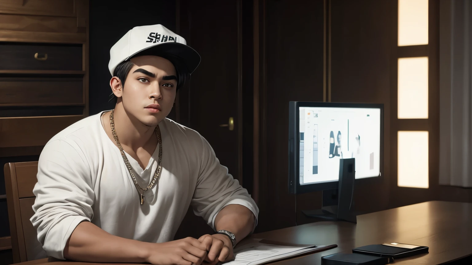 a boy standing full body white undershirt baggy jeans his neck chain with black linen, A black cap. thick eyebrows, sybil riz face shape relatively fit body but not too big, animation, face to face He looks at the audience behind desk (a boy) He is sitting at the table and looking at the camera