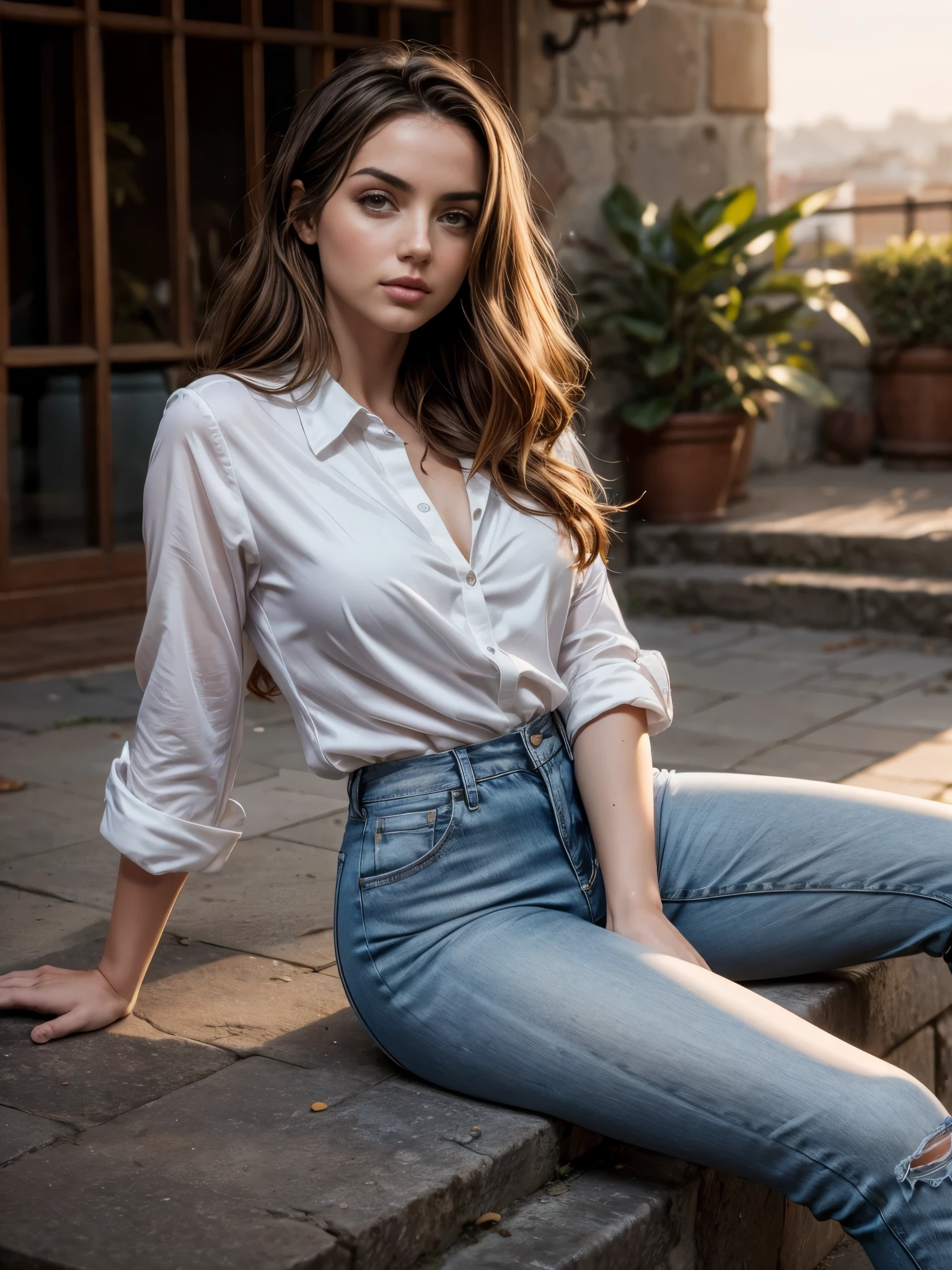 full length photoshoot, sexy woman (Ana de Armas), long curly brown hair, gorgeous eyes, high arched eyebrows, seductive look, white low-cut silk shirt, blue fitted jeans, stilettos, sunset modern metropolis, spot lighting, backlight on hair, shallow depth of field, homogeneous background