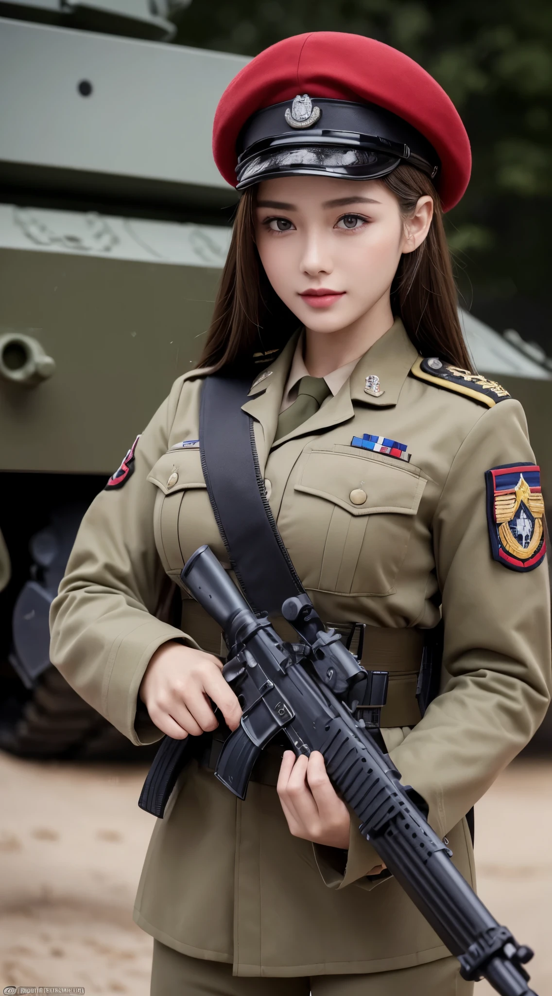 ((Best Quality, 8k, Masterpiece:1.3)), Focus:1.2, Perfect Body Beauty:1.4, ((Delicate Hair)), (Military Uniform:1.1), (Red Beret Army: 1.1), (Firearms: 1.1), (Soldier Uniform: 1.1), Military Coat: 1.1) Highly detailed face and skin texture, Detailed eyes, Double eyelids, whitening skin, Big breasts, smile, in the urban warfare, super detailed face, super detailed eyes, super detailed, hands, super detailed fingers, super detailed body, super fine body, super fine face, super fine eyes, super fine fingers, super fine hands, super fine foots, Holding firearms, rifle, Soldier, Perfect Soldier, weapon, rifle, special force, military, Super detailed firearms, Super Detailed Military Coat, Army, Super fine firearms, Super detailed Beret, Super detailed firearms, Super realistic firearms, super detailed rifle, super realistic, muscular, female soldier, Commissioned Officer, high ranking officer, general rank, with a view of the self-propelled artillery behind her, Super Detailed red beret, realistic view, perfect lighting, military vehicle, army beret, candid