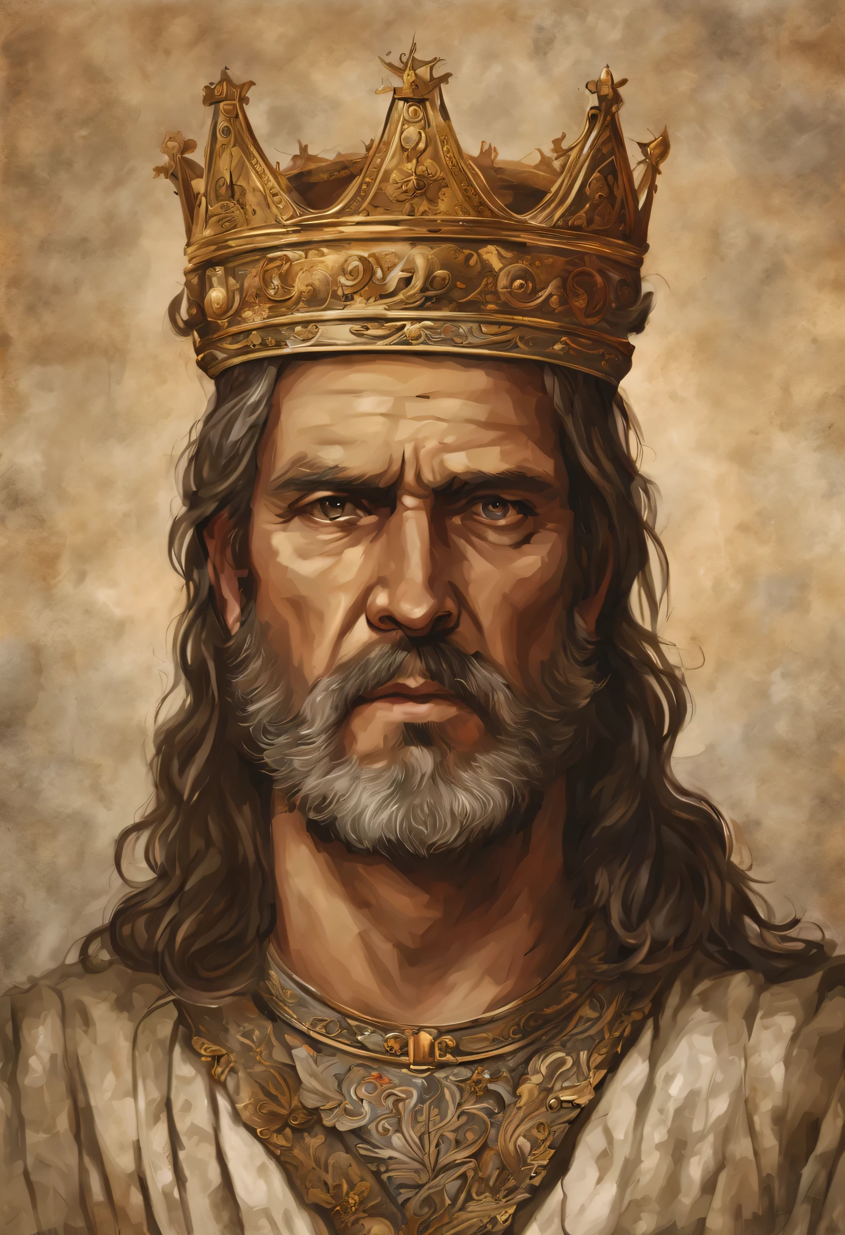 a close up of a man with a crown on his head, grande rei de stovokor, velho rei medieval, Kerem couplet, retrato pintado de odin robusto, Reis cruzados, portrait of velho rei medieval, barba grisalha, Reis cruzados 3, portrait of a velho rei medieval, retrato de um rei, Inkarnate, Gondor, pintura digital renascentista