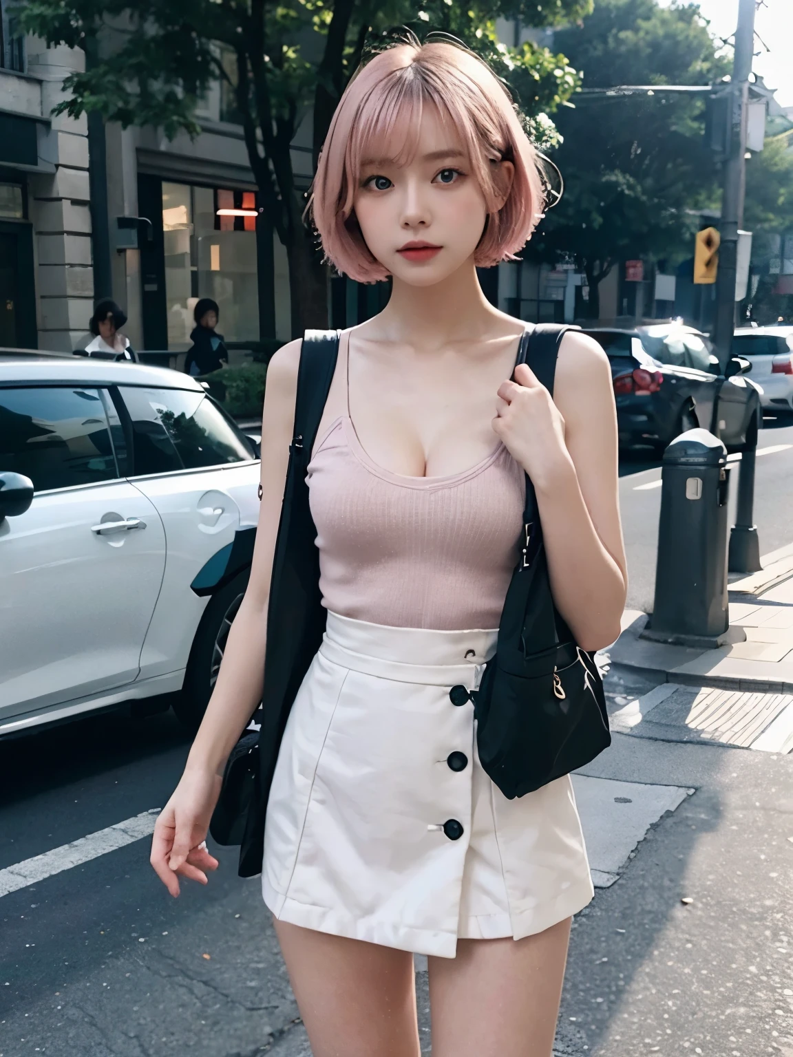 Bewitching eyes, well-balanced eyes, //street snap //leotard, // mini skirt,//carry a backpack, //breast focus, ((facing viewer)), //at the street, //japanese lady, pale skin, pink short hair, //((standing)), high quality:1.3, Professional lighting:2.0 realistic:1.2, 4k resolution, detailed skin, masterpiece:1.1