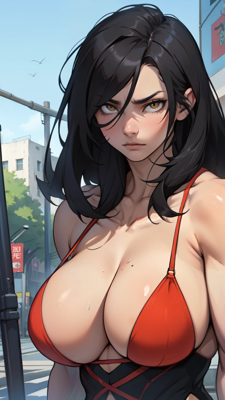 pale girl muscular girl huge breasts black hair yellow eyes expressionless sad