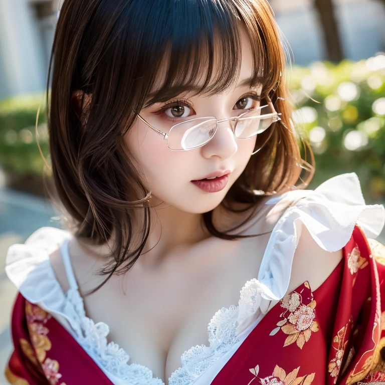 sorceress, girls, photographic, Super detailed details, intricate detail, cinematic angle, best detailed girl, focus on eyes, Exposing cleavage, soaked, longuette, beautiful detailed girl, 20 years old, long black hair, hime cut, Air bangs, eyes visible through hair, hair over shoulder, azure hair, beatiful detailed hair, absurdly long hair, Perfect face, light blush, tsurime, tongue out, perfect hands, huge breasts, light brown eyes, wet skin, red bow, kunder-rim eyewear, Kagura Suzu, japanese kimono, white sleeves, detailed wet clothes, sunlight, Gothic architecture, chinese new year, warm, wallpaper 8k CG, ultra-detailed, detailed and intricate