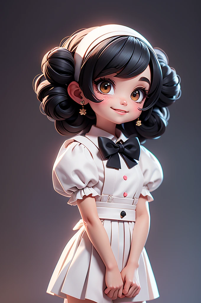 masterpiece, best quality, a cute chibi girl smiling, ((black)) hair, white pinafore dress, (((short puffy sleeves))) shirt, white hairbow, (((black))) mary jane pumps, school backpack, (((full body)))