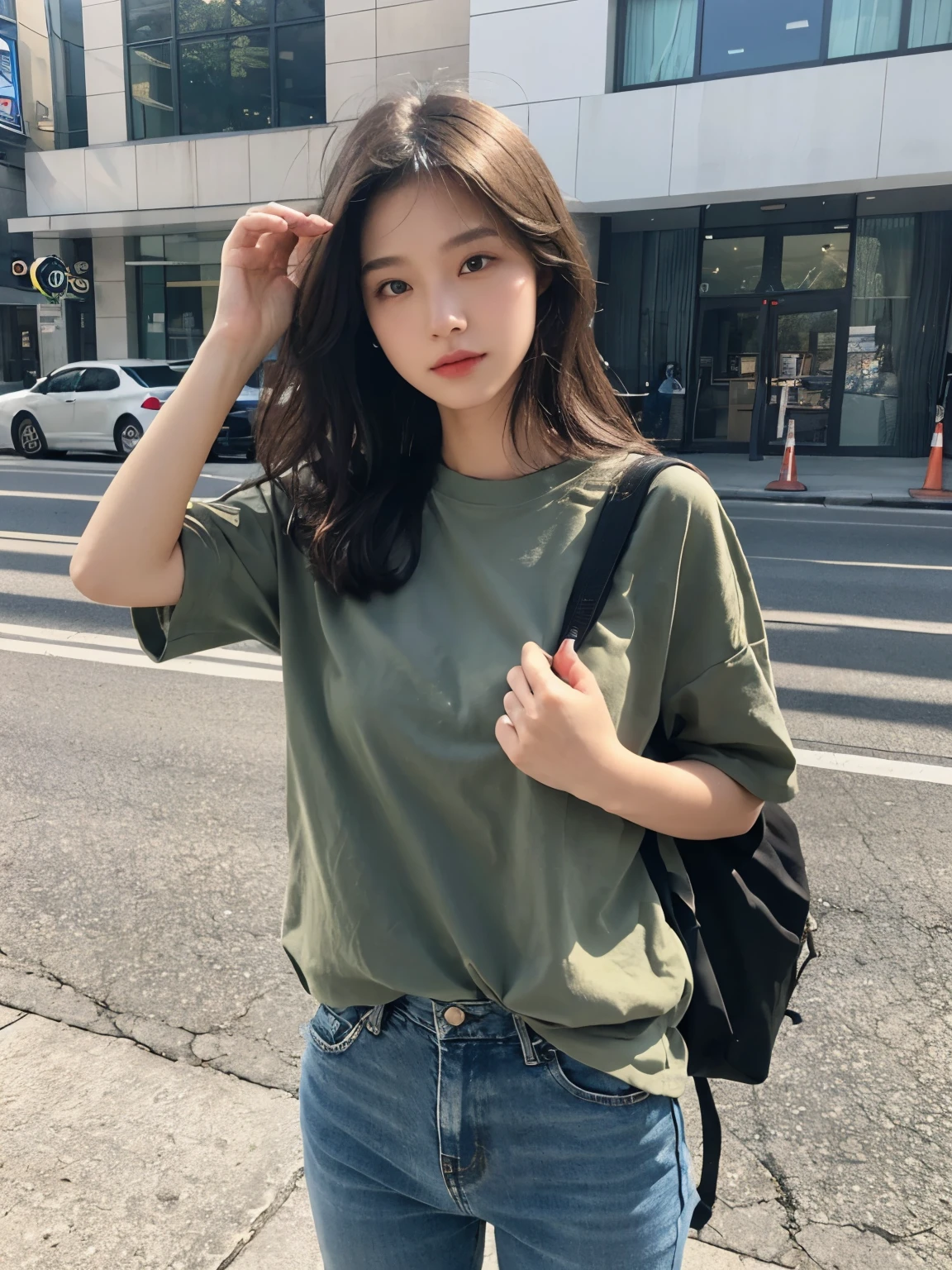 Bewitching eyes, well-balanced eyes, //street snap //Olive Drab PARKA SHELL M-1951,// band t-shirt,// distressed jeans,//carry a backpack, //breast focus, ((facing viewer)), at the street, //japanese lady, pale skin, //((standing)), high quality:1.3, Professional lighting:2.0 realistic:1.2, 4k resolution, detailed skin, masterpiece:1.1