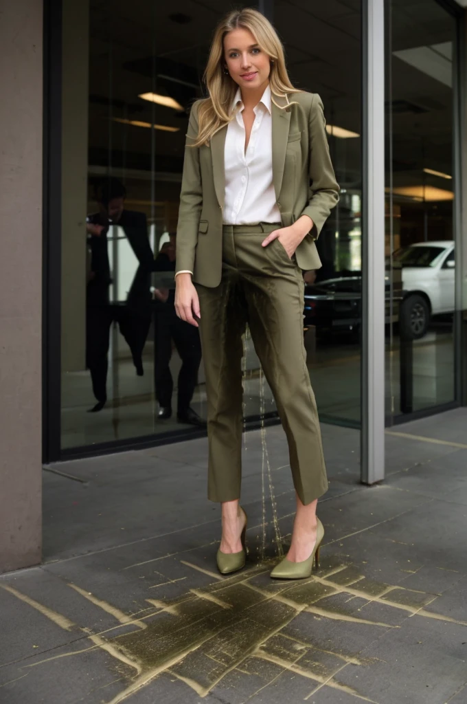tall blonde, olive green business pants, heels, ((pee stain)), show heels