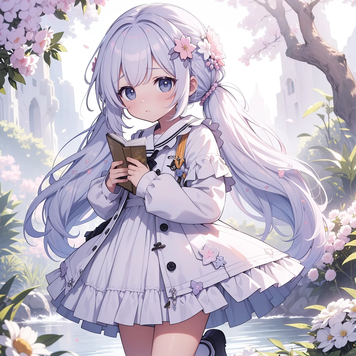 (sem sapato:1.3),[(branco background:1.35)::0.25], (Fundo da garrafa:0.9),tiro no meio, corpo todo, flors,floating petal,fragmento de pedra, beautiful detailed water,Nuvem,sol,twilight,solset,,(Sozinho:1.2),(obra de arte),(melhor qualidade),(papel de parede CG Unit 8K extremamente detalhado),(high resolution),(Melhores detalhes de fundo:1.26),(melhores detalhes do personagem:1.36),(pastel (average):1.35),brilhar,1 garota,(branco hair:1.2), olhos cinzentos, orelhas de gato, (menina gato:1.1), cabelo entre os olhos, ((twintails baixos)), Cabelo longo, fita de cabelo, enfeite de cabelo, arcotie,vestido com acabamento de pele, ((branco:1.2) coxas:1.3),, illustration, acumular, mesa, flor, arco, franja, tree, babados, mangas compridas, arcotie, pink flor, boca fechada, camisa, ao ar livre, pink arco, grama, yellow arco, pires, [(ilha flutuante:1.2,Nuvem)::5],