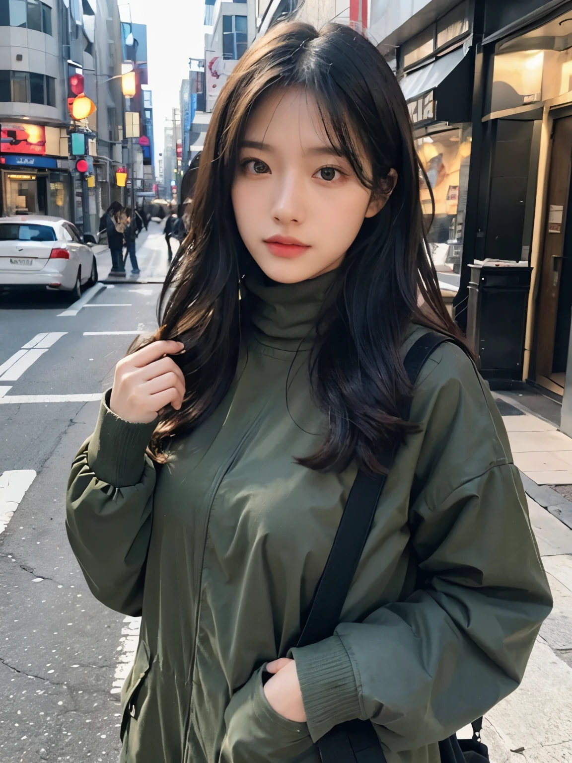 Bewitching eyes, well-balanced eyes, //street snap //wearing, Olive Drab, PARKA SHELL M-1951, black turtleneck, jeans, //carry a backpack, //breast focus, ((facing viewer)), at the street, //japanese lady, pale skin, //((standing)), high quality:1.3, Professional lighting:2.0 realistic:1.2, 4k resolution, detailed skin, masterpiece:1.1