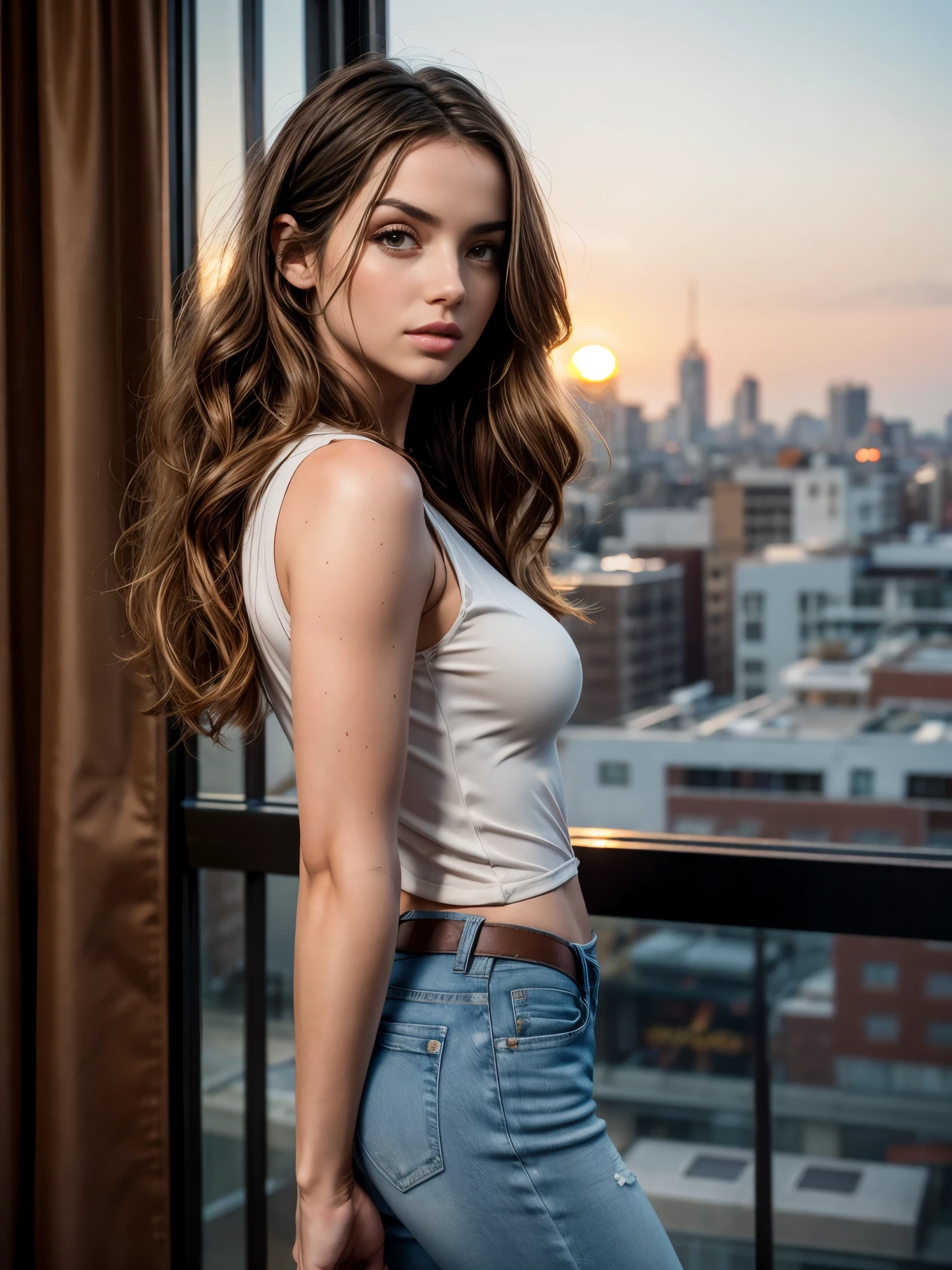 full length photoshoot, sexy woman (Ana de Armas), long curly brown hair, gorgeous eyes, high arched eyebrows, seductive look, white low-cut silk shirt, blue fitted jeans, stilettos, sunset modern metropolis, spot lighting, backlight on hair, shallow depth of field, homogeneous background