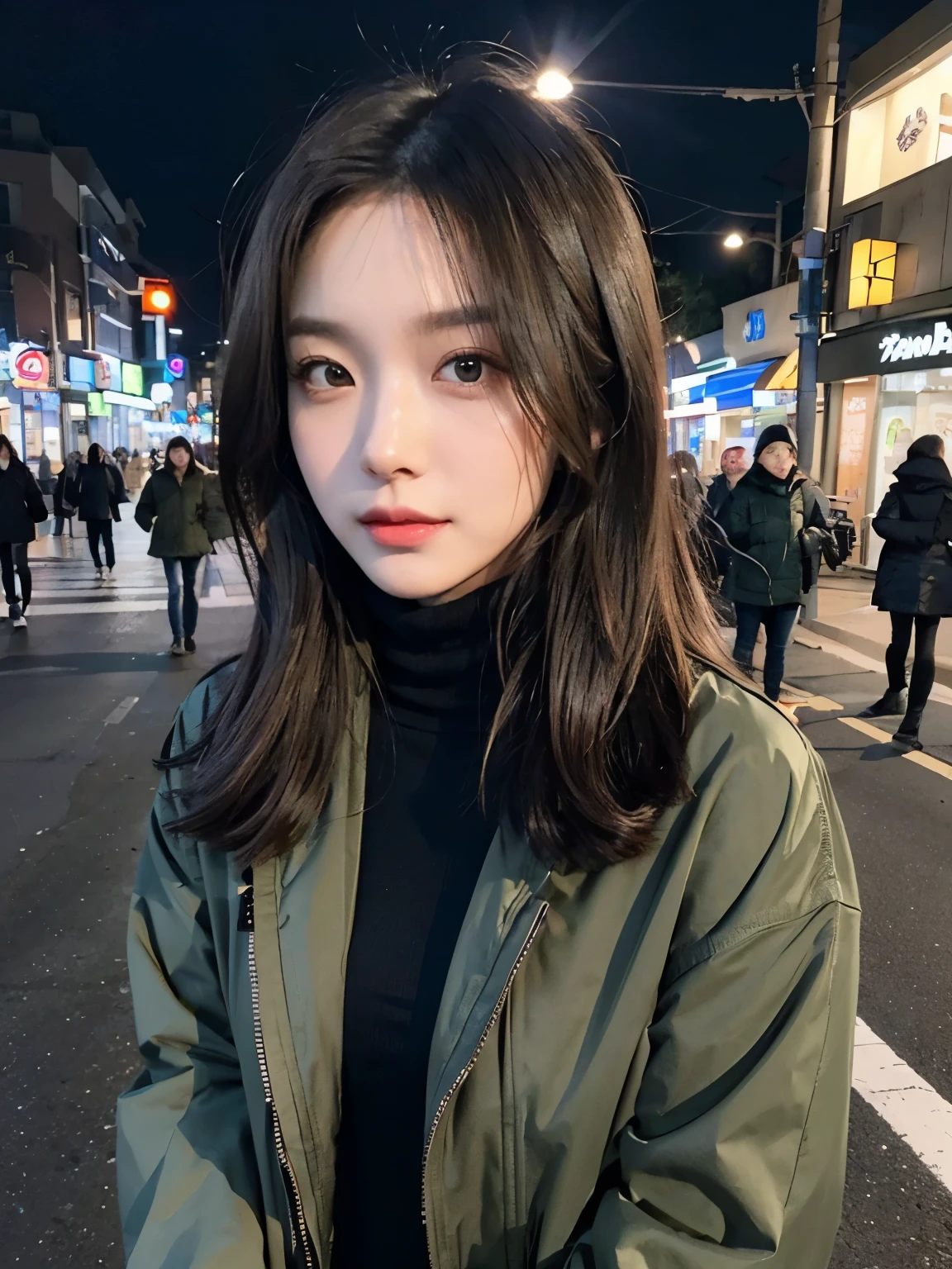 Bewitching eyes, well-balanced eyes, //street snap //wearing, Olive Drab, PARKA SHELL M-1951, black turtleneck, jeans //breast focus, ((facing viewer)), at the street, //japanese lady, pale skin, //((standing)), high quality:1.3, Professional lighting:2.0 realistic:1.2, 4k resolution, detailed skin, masterpiece:1.1