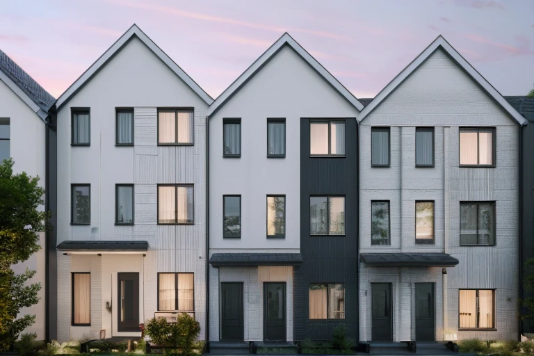RAW photo, Masterpiece, high quality, best quality, authentic, super detail, townhouse, glass windows, trees, day, beautiful sky, (high detailed:1.2), 8k uhd, dslr, soft lighting, high quality, film grain, Fujifilm XT3 , best quality, super detailed, realistic, photorealistic, 8k, sharp focus, a photo of a building, super realistic, masterpiece, day