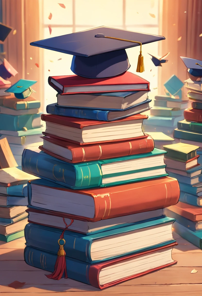 A close-up image showcasing a graduation cap placed on top of a pile of books, symbolizing the culmination of education and the acquisition of knowledge, representing the concept of lifelong learning