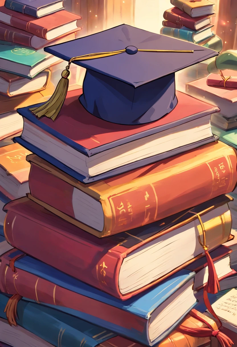 A close-up image showcasing a graduation cap placed on top of a pile of books, symbolizing the culmination of education and the acquisition of knowledge, representing the concept of lifelong learning