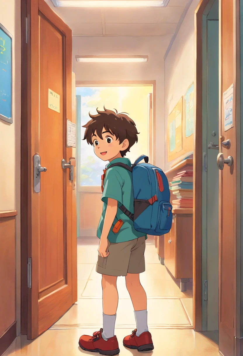 A high-resolution image capturing a  boy with a backpack standing in front of a classroom door, ready to enter for a day of learning, with excitement and anticipation visible on his face.