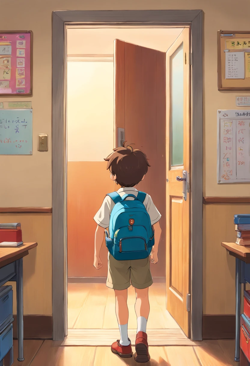 A high-resolution image capturing a boy with a backpack standing in front of a classroom door, ready to enter for a day of learning, with excitement and anticipation visible on his face.