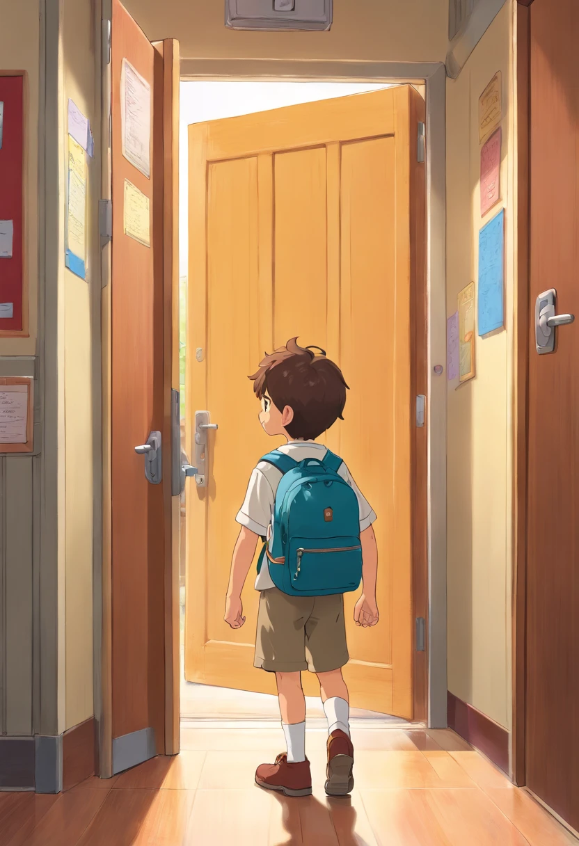 A high-resolution image capturing a little boy with a backpack standing in front of a classroom door, ready to enter for a day of learning, with excitement and anticipation visible on his face.