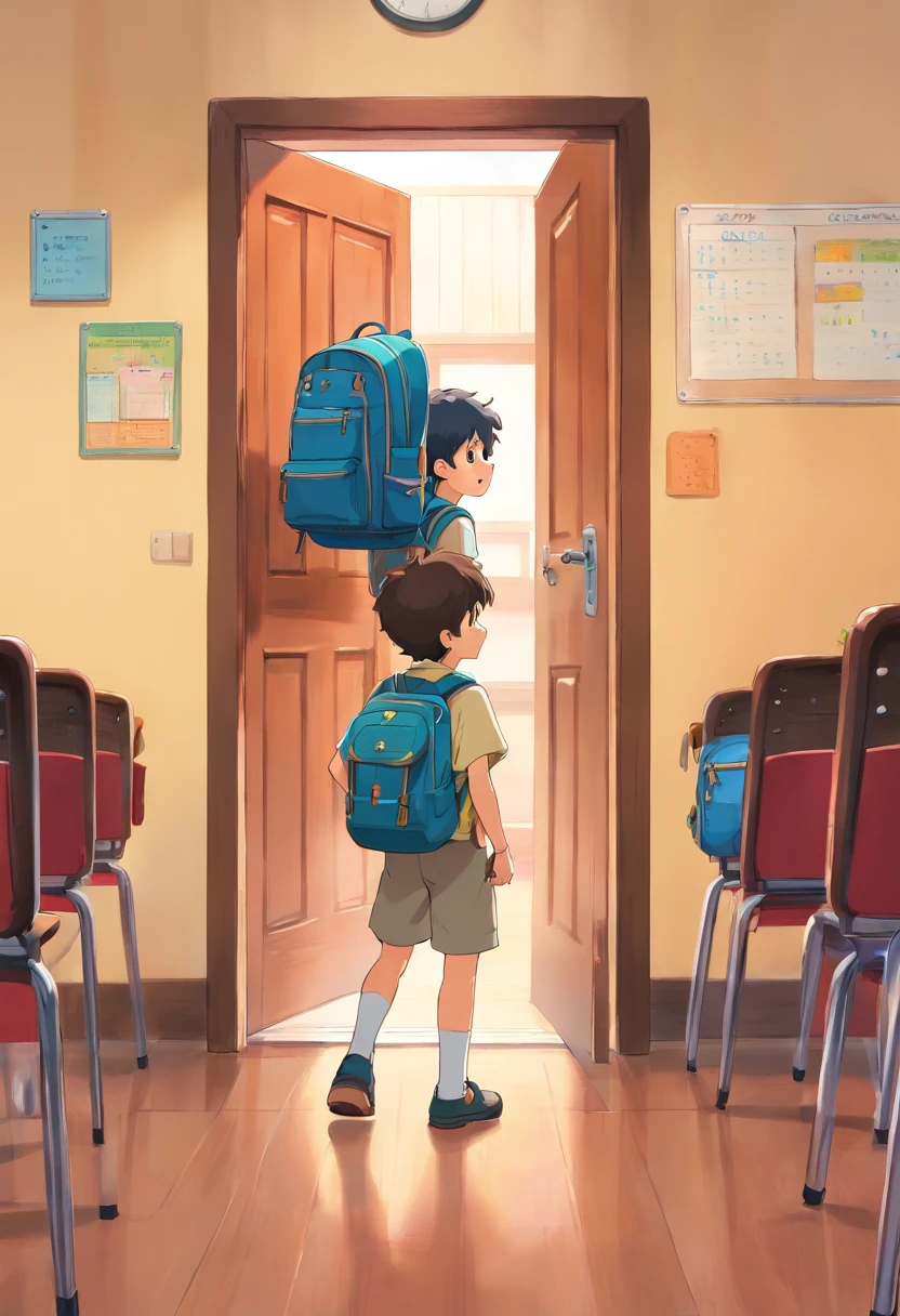 A high-resolution image capturing a little boy with a backpack standing in front of a classroom door, ready to enter for a day of learning, with excitement and anticipation visible on his face.