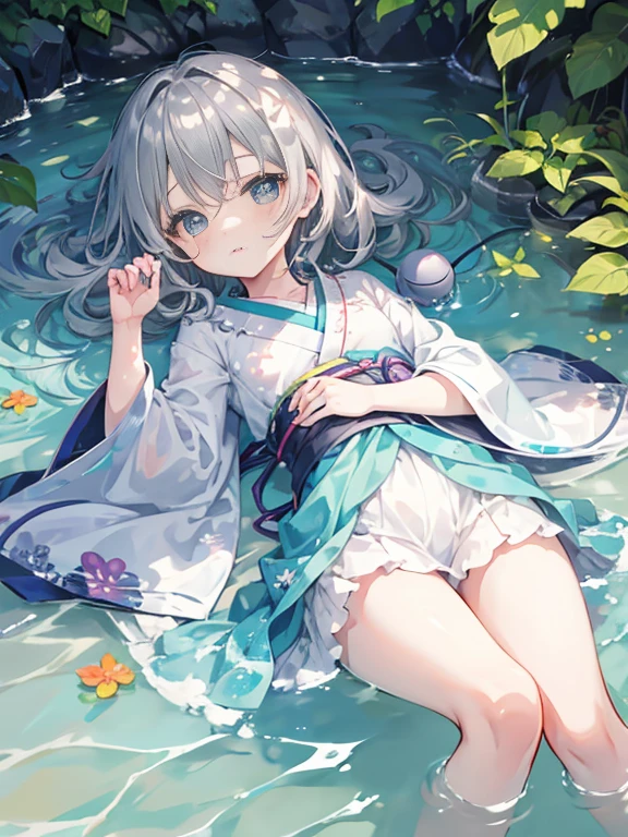 best quality、Komeiji Koishi(Gray hair)、small、cute、kimono、fantasy、lying down in shallow water