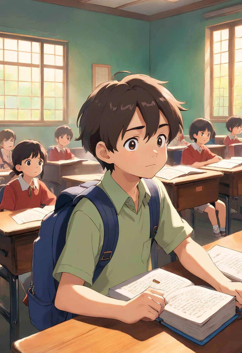 An aesthetic photography composition featuring a close-up shot of a  boy sitting at a desk in an empty classroom, his backpack placed beside him, as he looks attentively at a book, showcasing his eagerness to engage in educational activities.