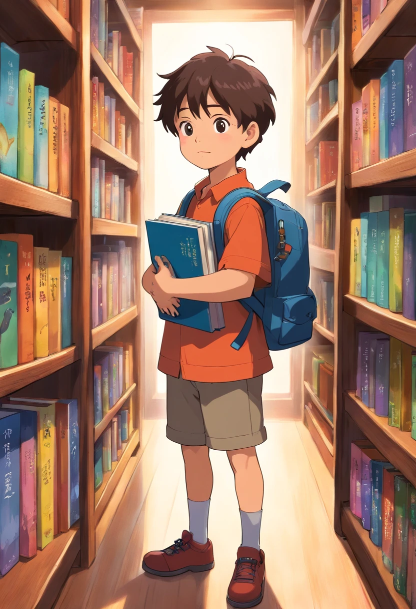 A detailed and realistic image showcasing a boy wearing a backpack, holding a stack of books in his hands, while standing next to a bookshelf filled with colorful reading materials, emphasizing his enthusiasm for reading and learning.