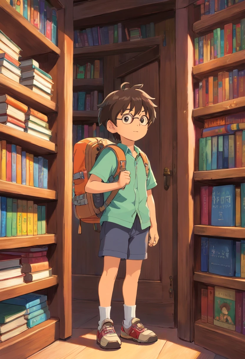 A detailed and realistic image showcasing a wearing a backpack, holding a stack of books in his hands, while standing next to a bookshelf filled with colorful reading materials, emphasizing his enthusiasm for reading and learning.