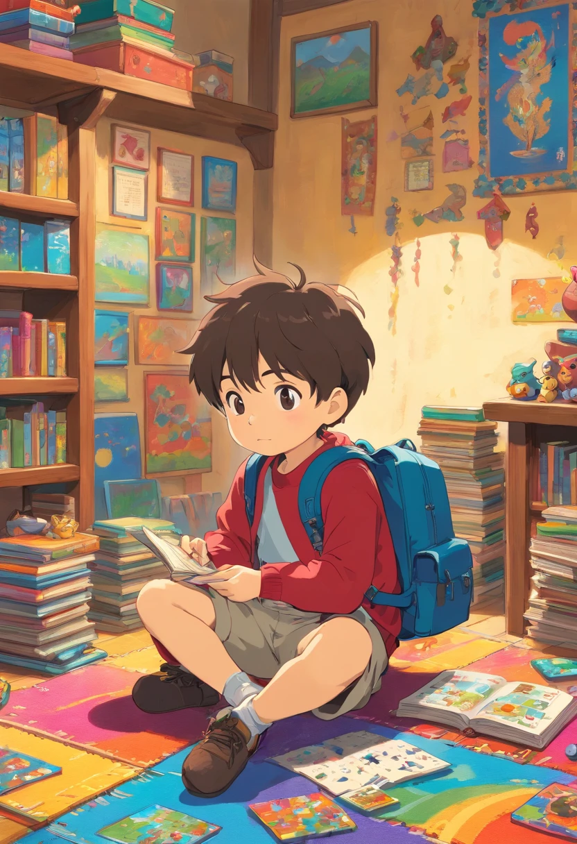 An artistic representation of a little boy with a backpack, sitting cross-legged on a colorful rug in a classroom corner, surrounded by educational toys, puzzles, and books, creating a playful and engaging learning environment.
